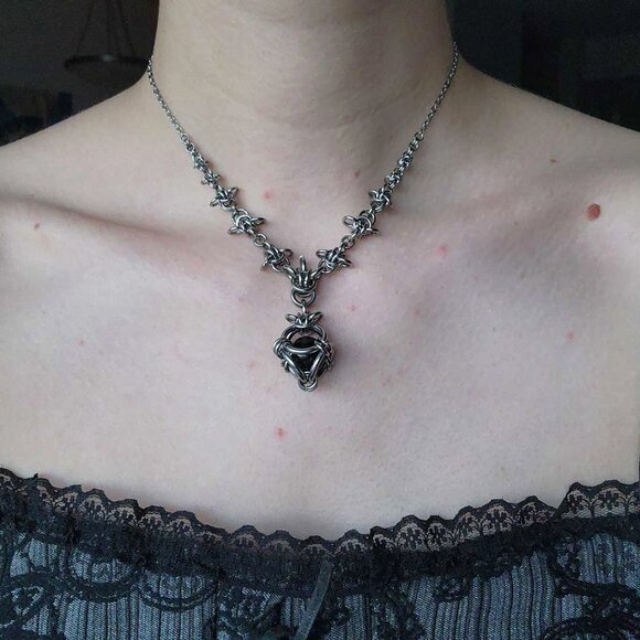 Gothic silver thorns & onyx pearl choker necklace - Picture 3 of 8
